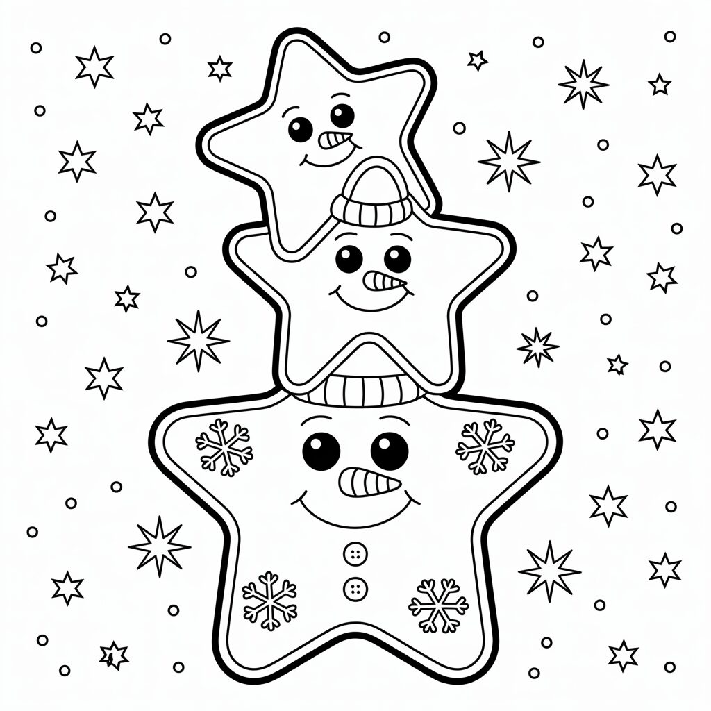 Weihnachtsstern mit gestapelten Schneemännern Malvorlage