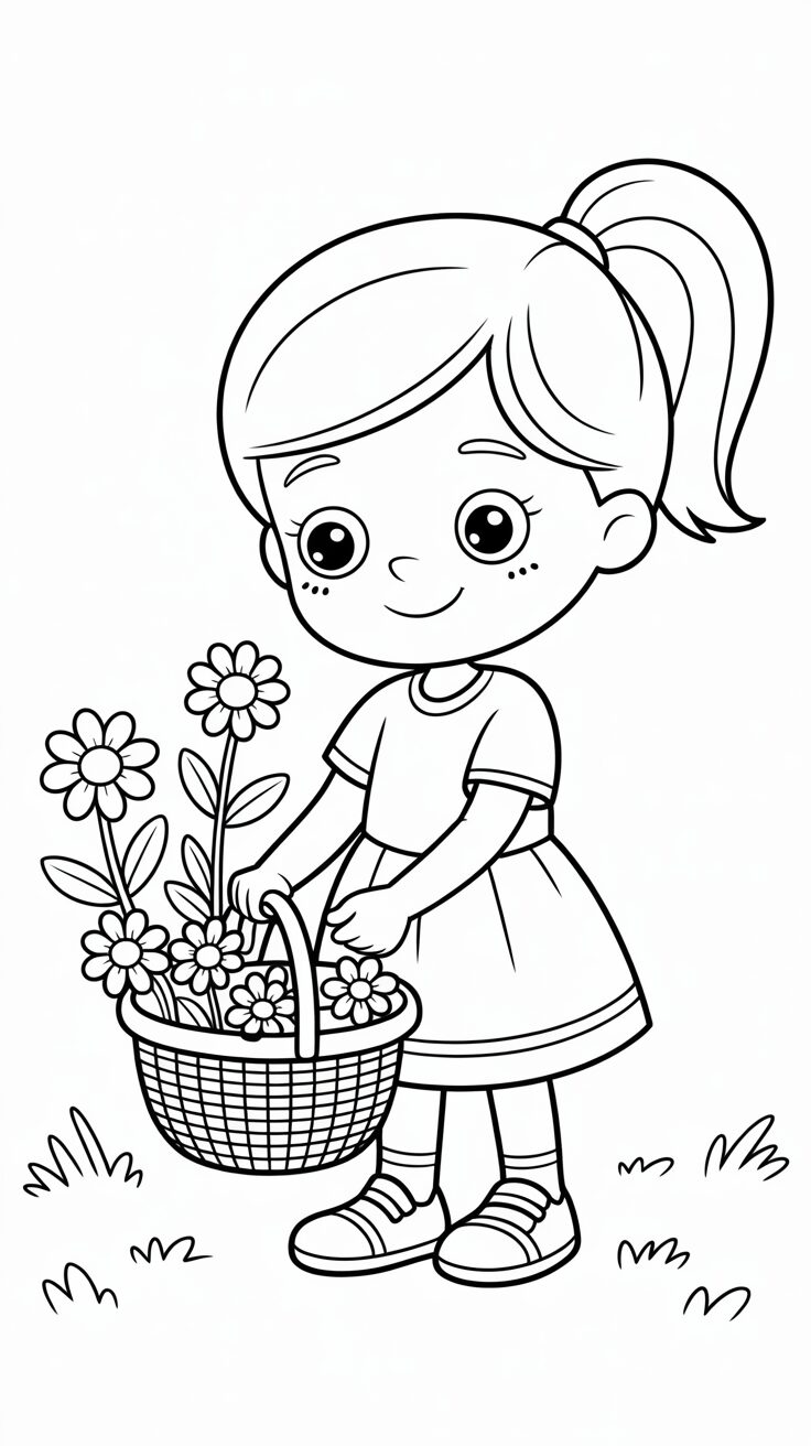 Blumen pflückendes Mädchen Malvorlagen kostenlos