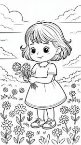 Mädchen beim Blumenpflücken Ausmalbild PDF