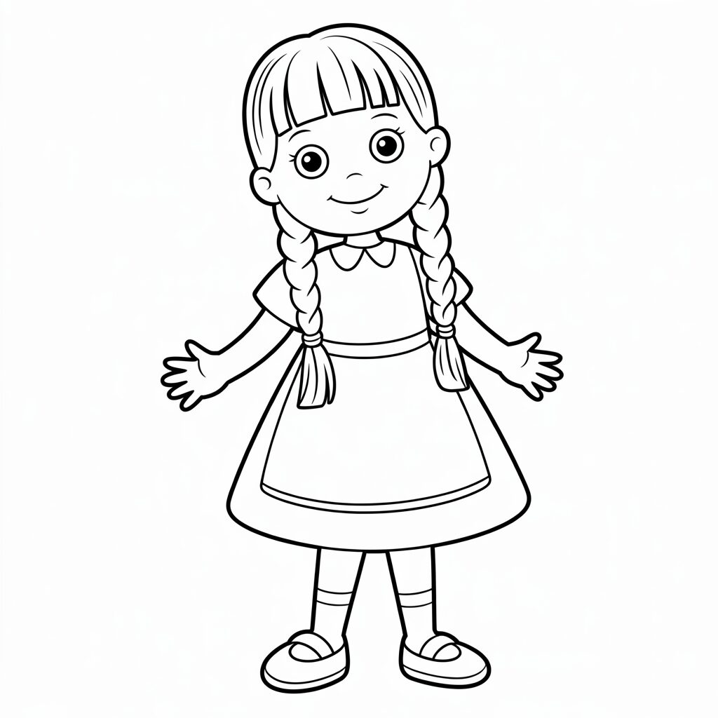 Mädchen mit Zöpfen und Kleid Ausmalbilder zum Download