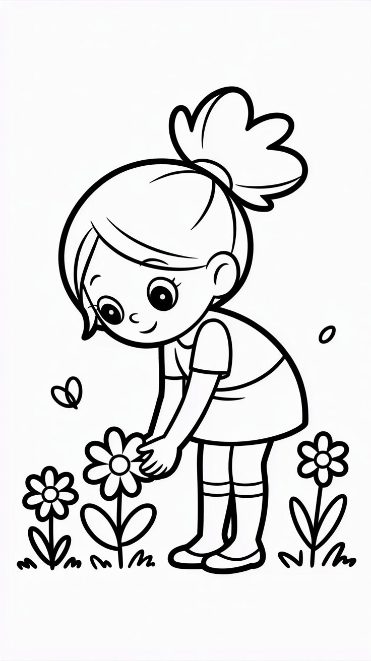 Mädchen pflückt Blumen Malbild gratis Download