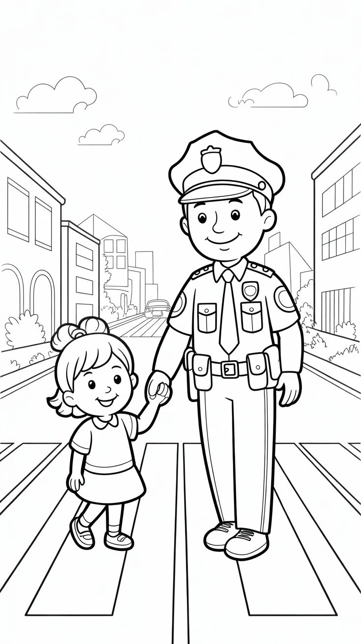 Polizist hilft Kind Ausmalbild gratis Download