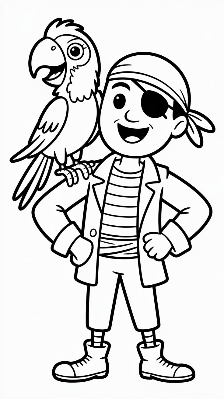 Ausmalbild Papagei auf der Piratenschulter zum kostenlosen Download