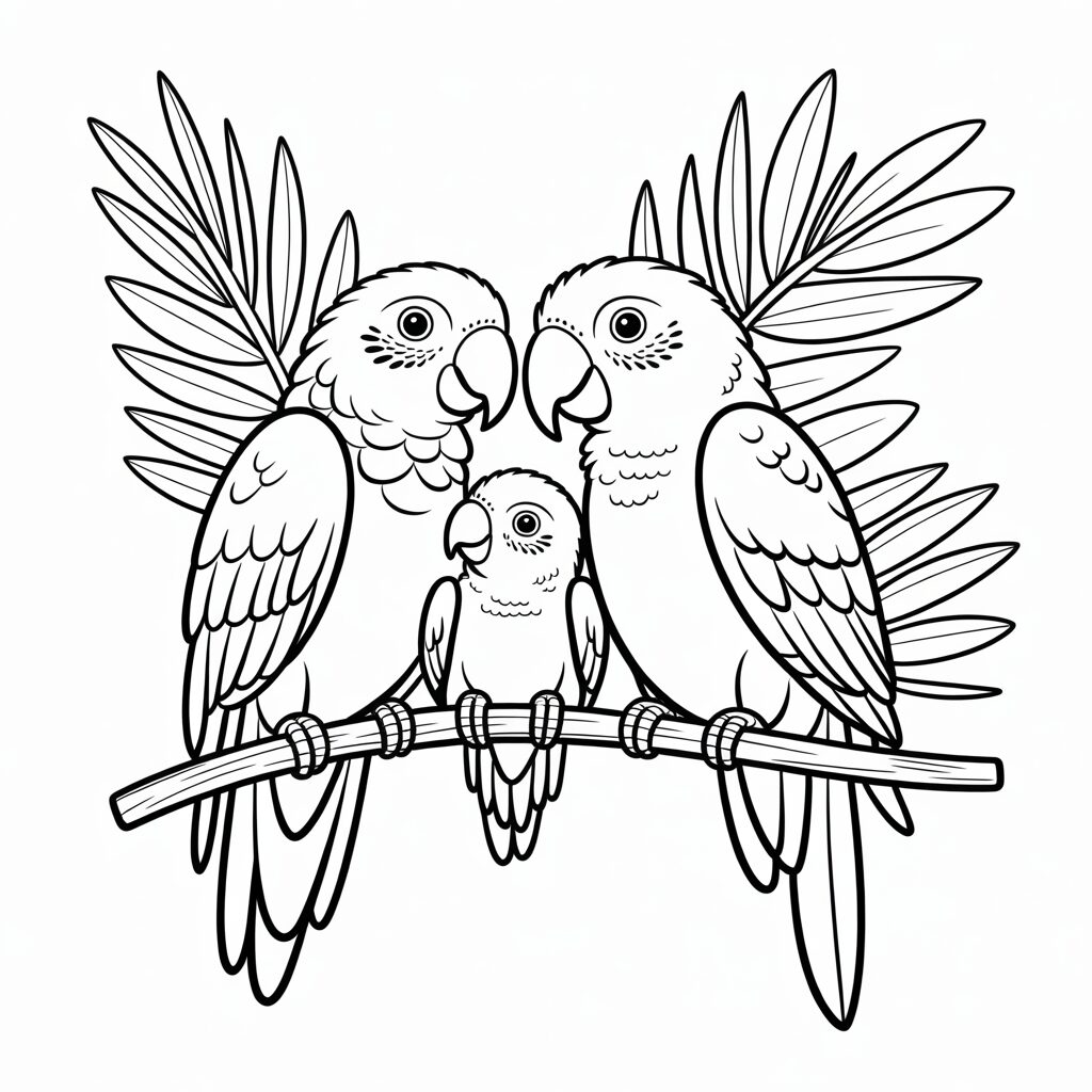 Ausmalbild Papageienfamilie zum kostenlosen Download