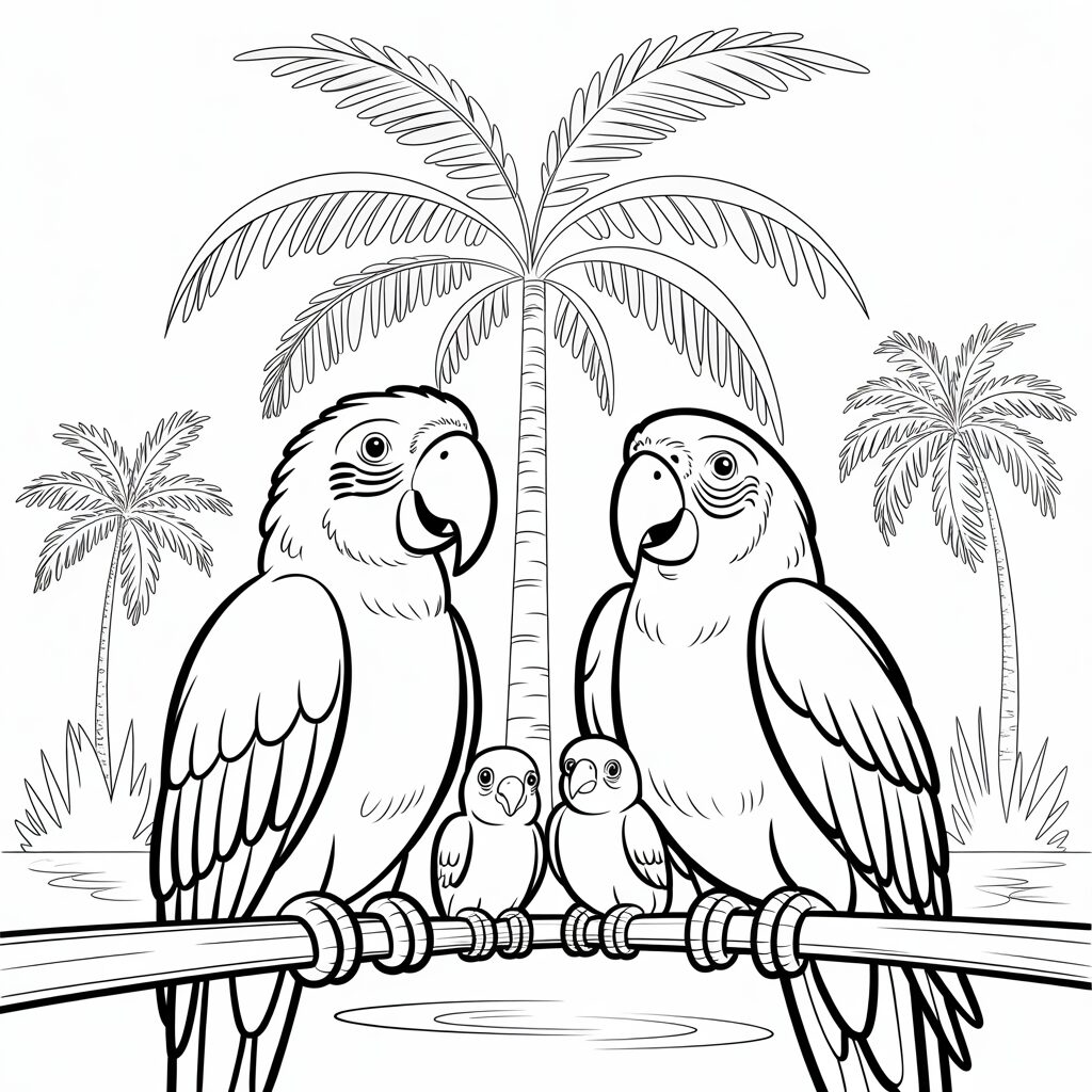 Fröhliche Papageienfamilie auf Palme Ausmalbild gratis