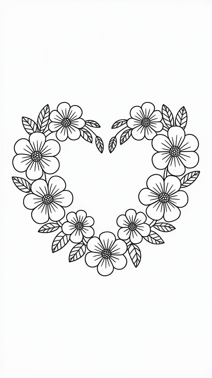 Herz mit Blüten und Blättern – kostenlose Malvorlage
