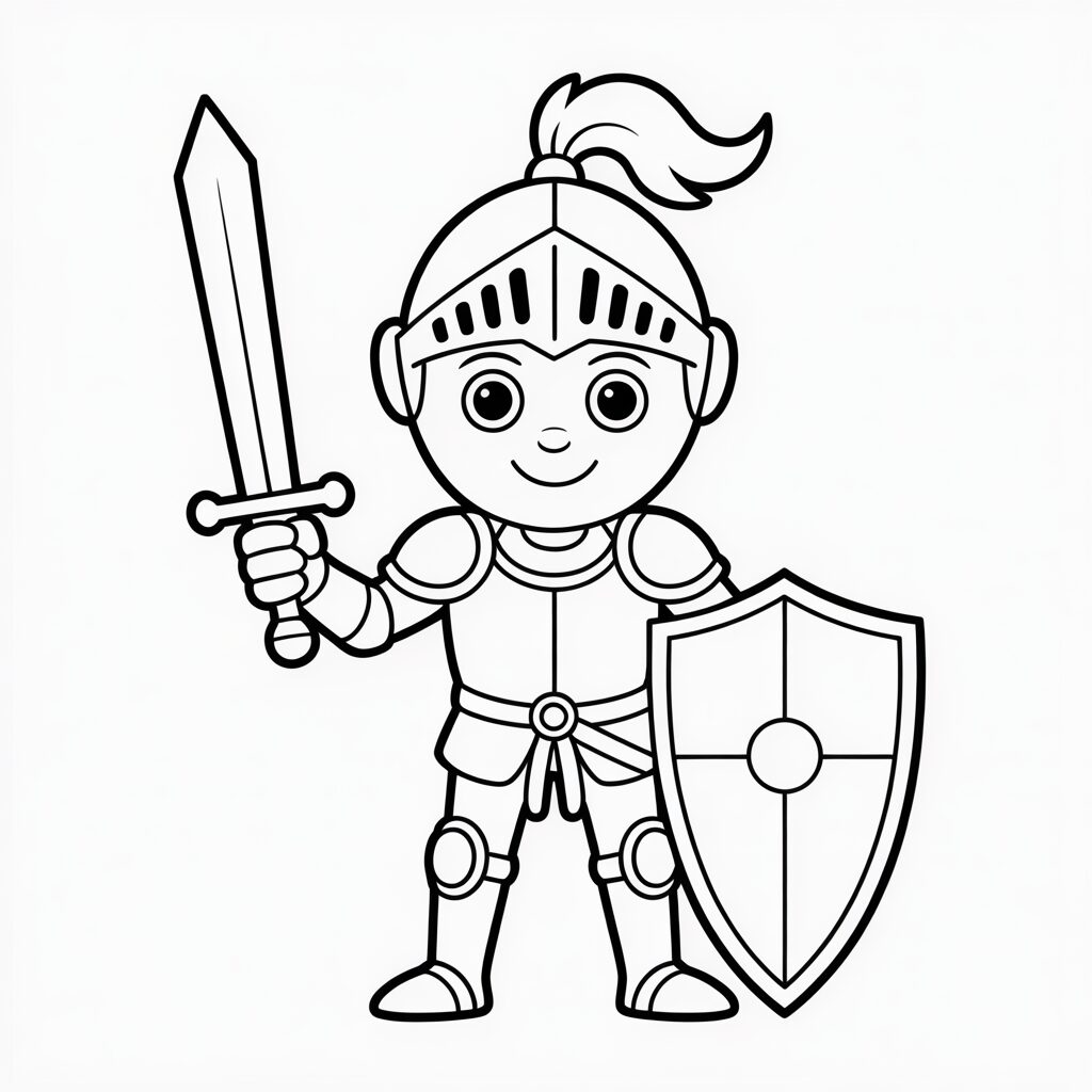 Ausmalbild junger Ritter mit klassischem Schild