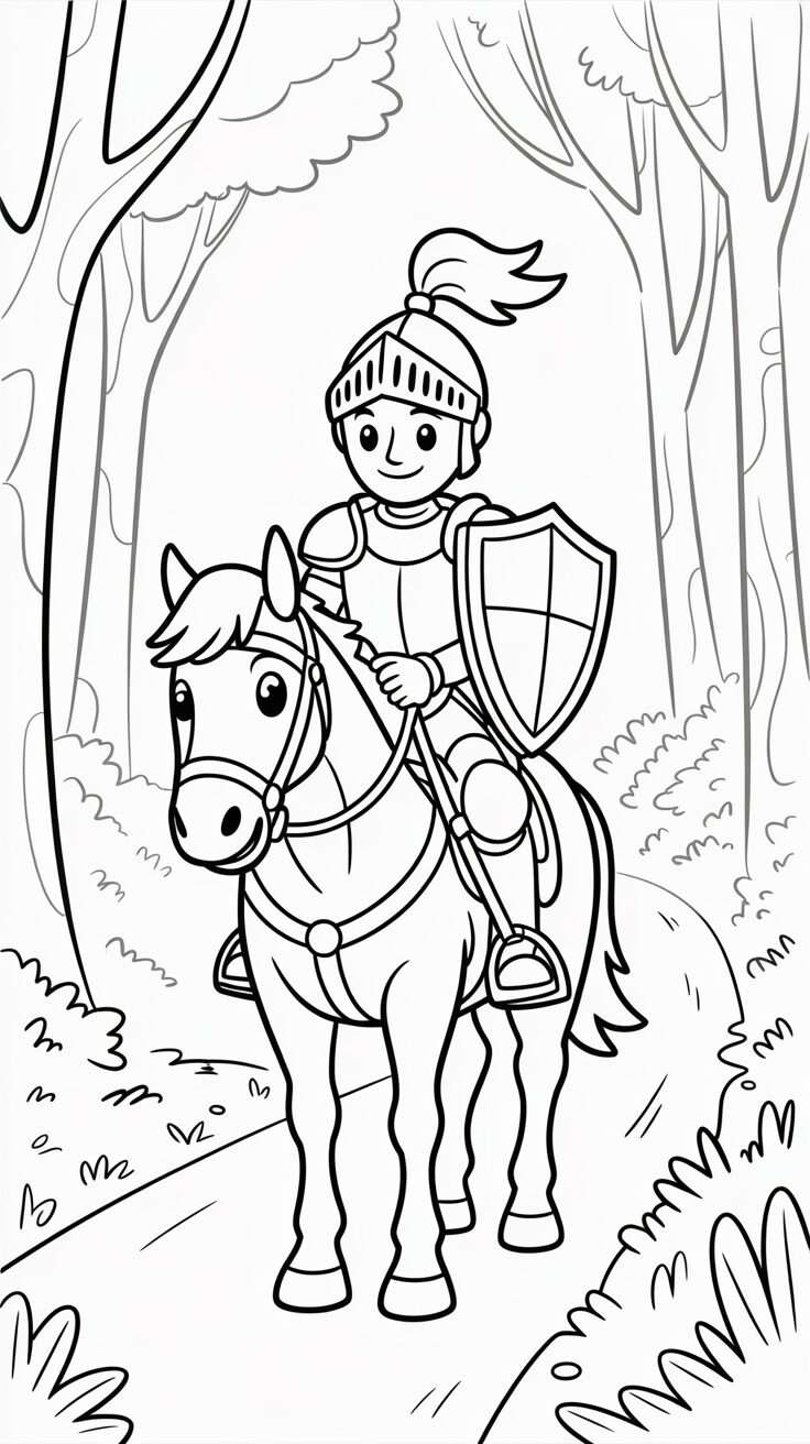 Junger Ritter erkundet den Wald zu Pferd