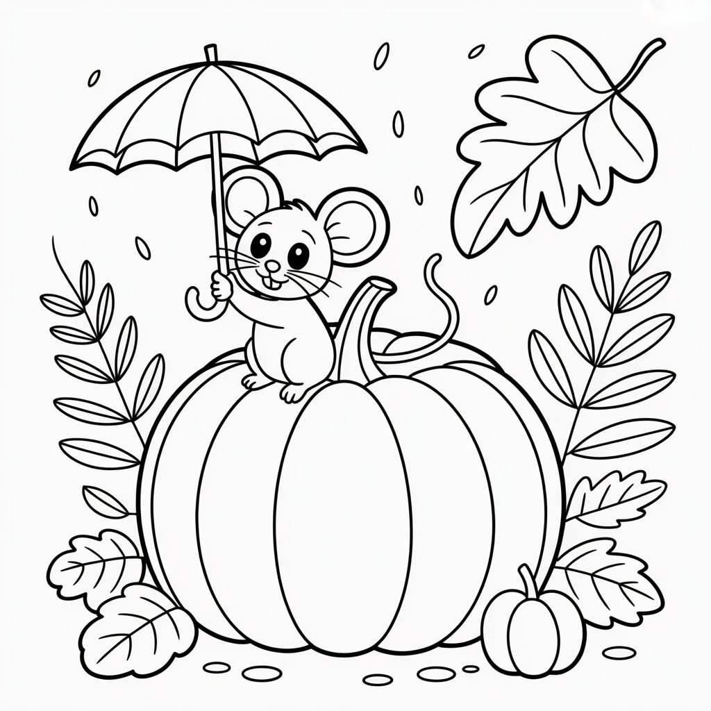 Ausmalbild Maus auf Kürbis mit Regenschirm
