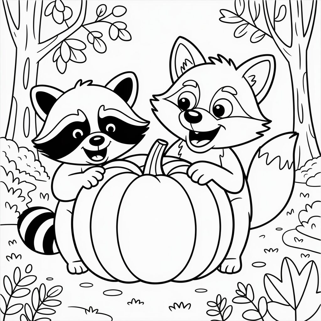 Ausmalbild Waschbär und Fuchs mit Kürbis