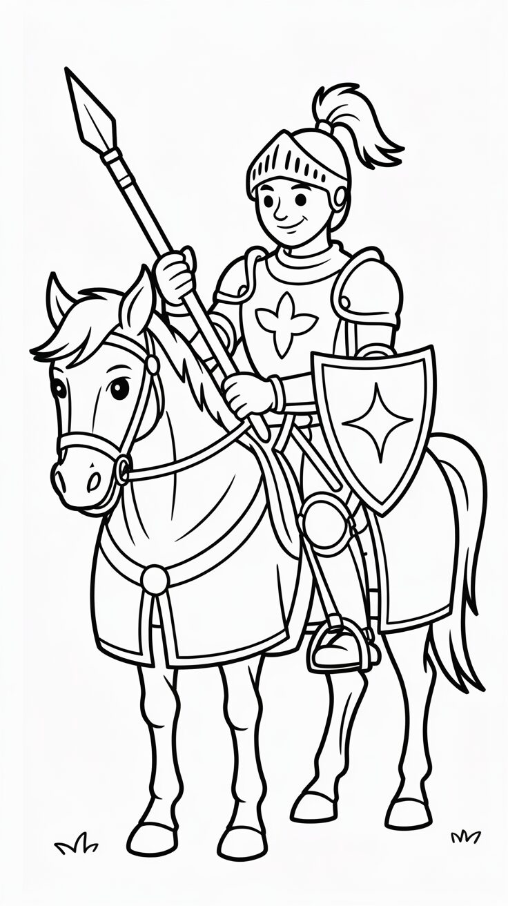 Lachender Ritter mit Speer und Schild auf dem Pferd