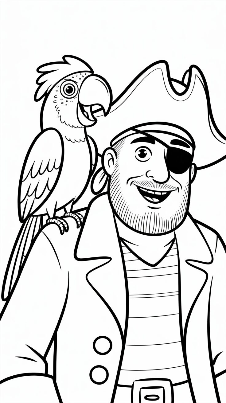 Lustiger Papagei beim Piraten – kostenlose Ausmalseite
