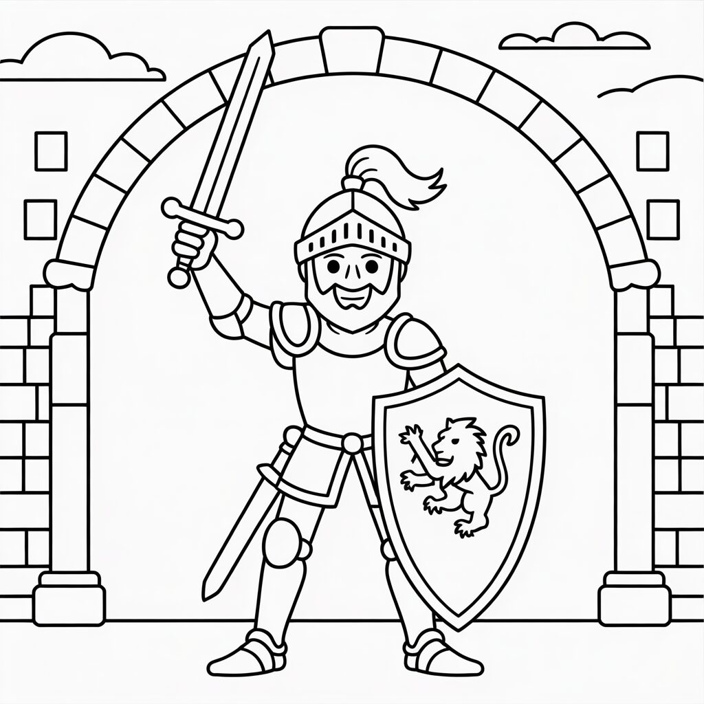 Ausmalbild Ritter unter dem Burgtor