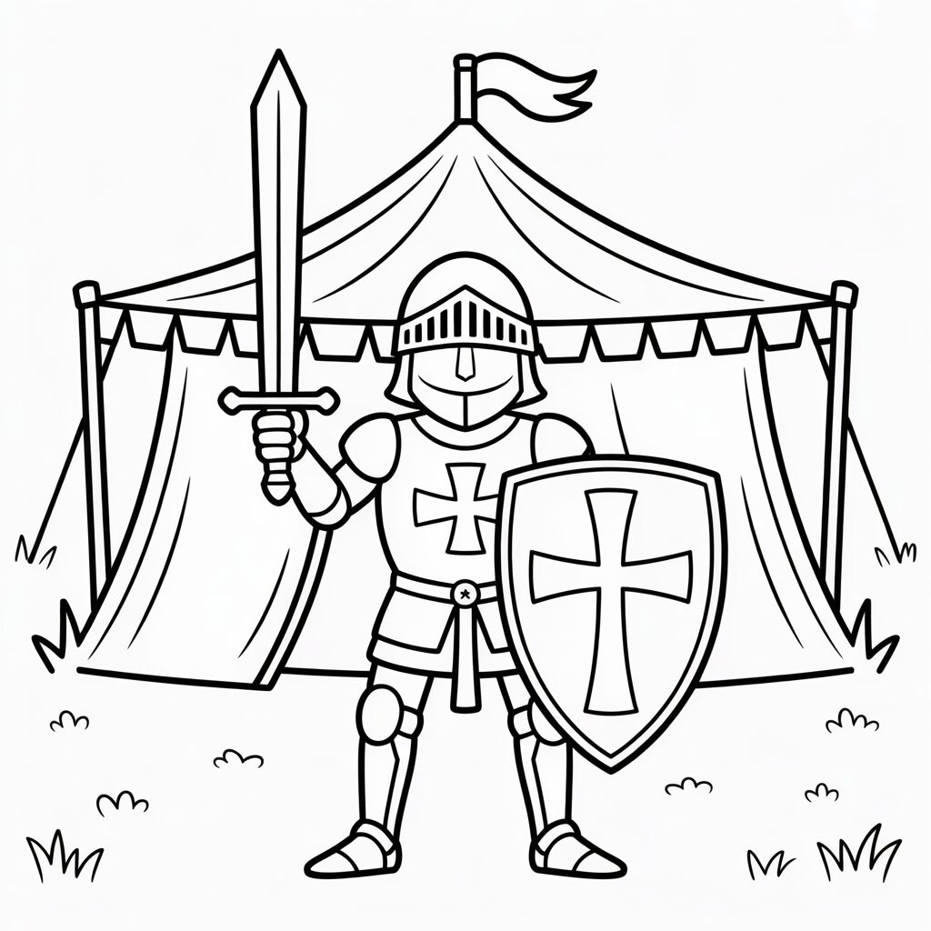 Ausmalbild Ritter vor seinem Zelt