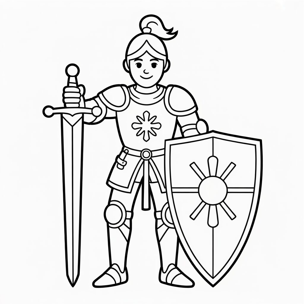 Ausmalbild Rittermädchen mit Sonnenschild