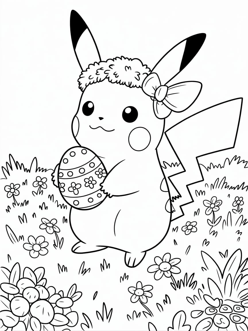 Süße Pikachu-Malvorlage mit Osterei