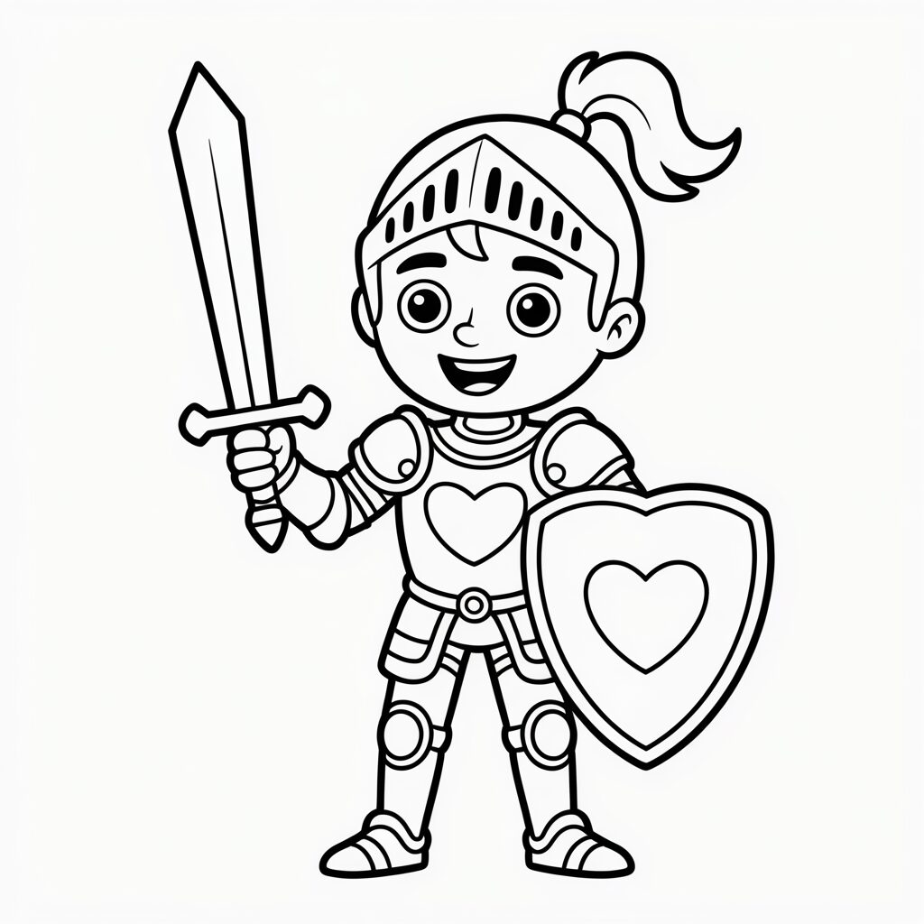 Ausmalbild süßer Ritter mit herzförmigem Schild