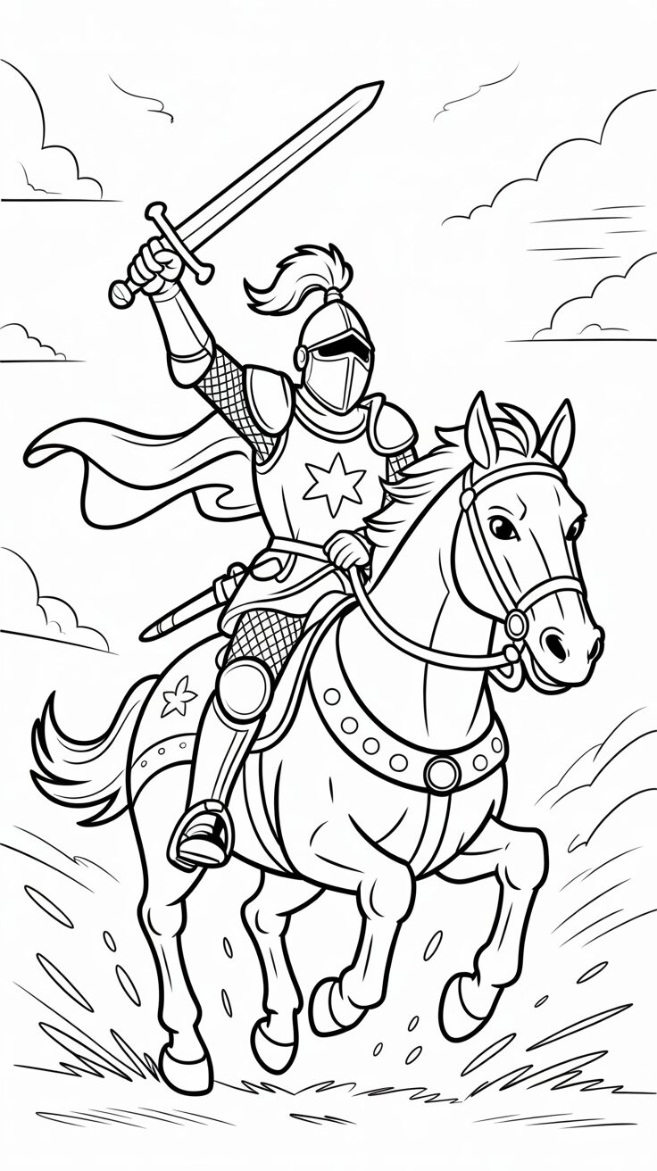 Kämpfender Ritter schwingt sein Schwert im Galopp