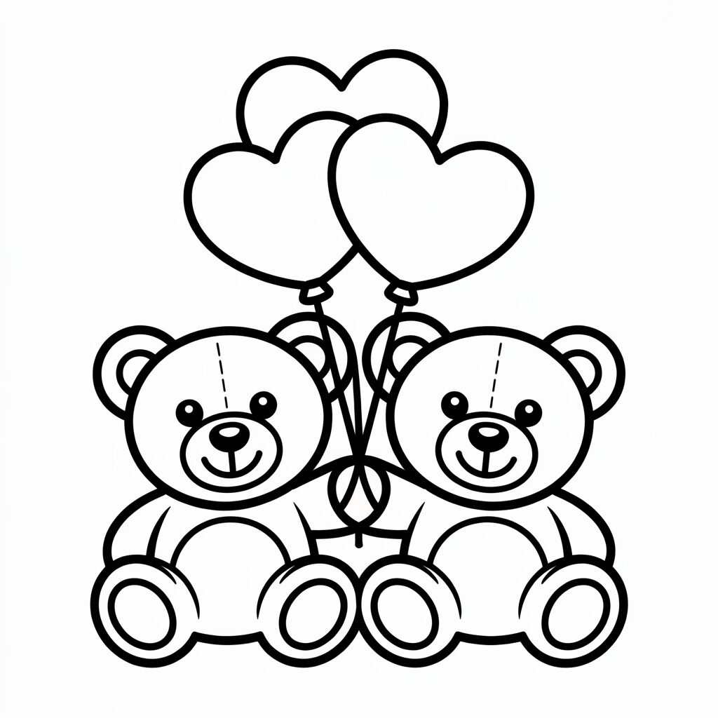 Teddybären mit Herzballons – Druckvorlage kostenlos