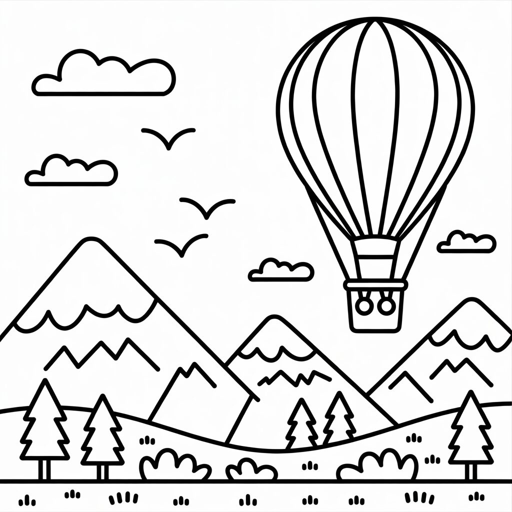 Ausmalbild Heißluftballon in den Bergen gratis downloaden