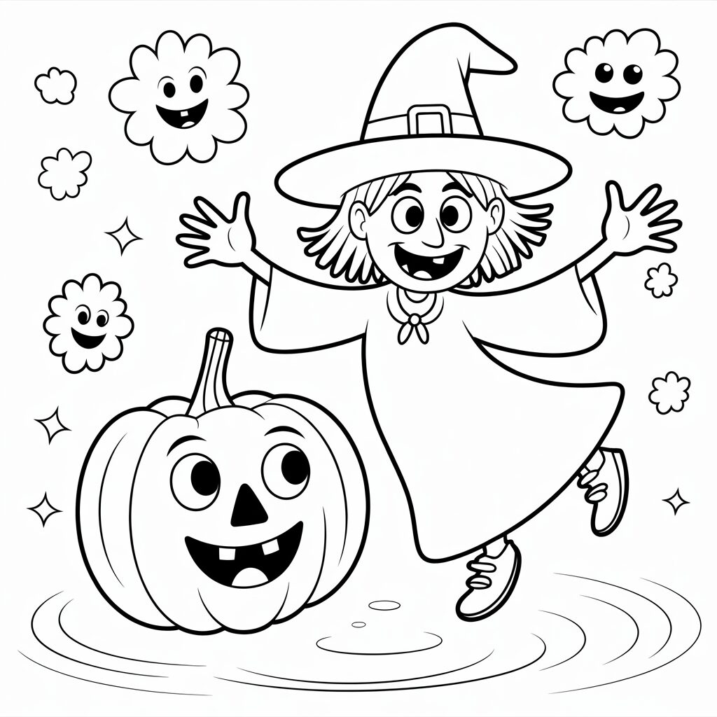 Tanzende Hexe mit fröhlichem Kürbis Ausmalbild