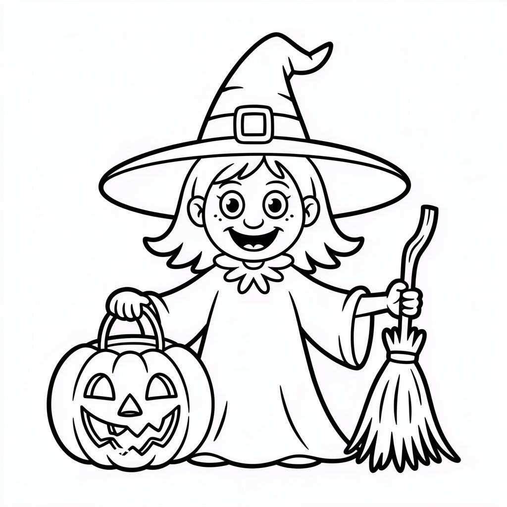 Hexe mit Besen und Trick-or-Treat-Kürbis Ausmalbild