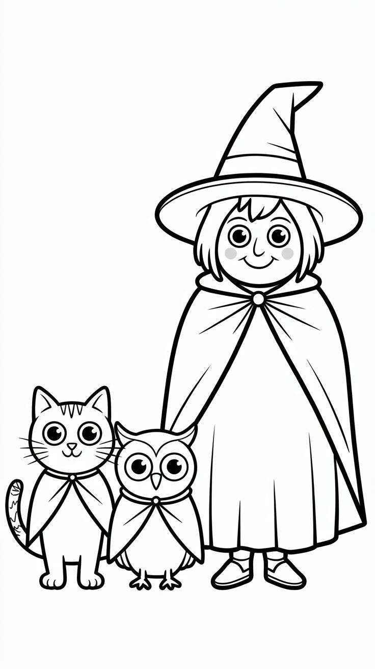Hexe mit Katze und Eule in Umhängen Ausmalbilder