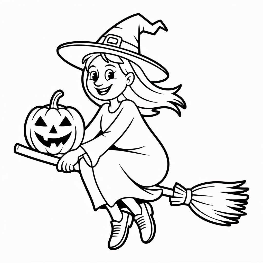 Fröhliche Hexe mit Frosch und Katze Ausmalbilder