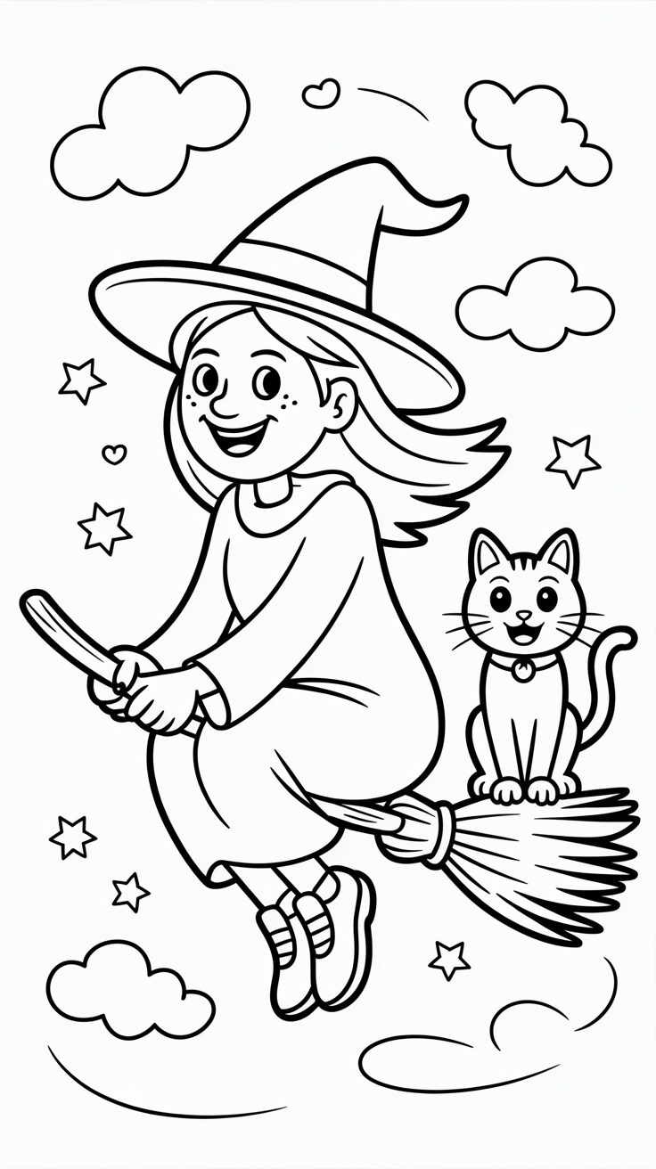 Hexe auf einem Besenstiel mit Katze in der Luft