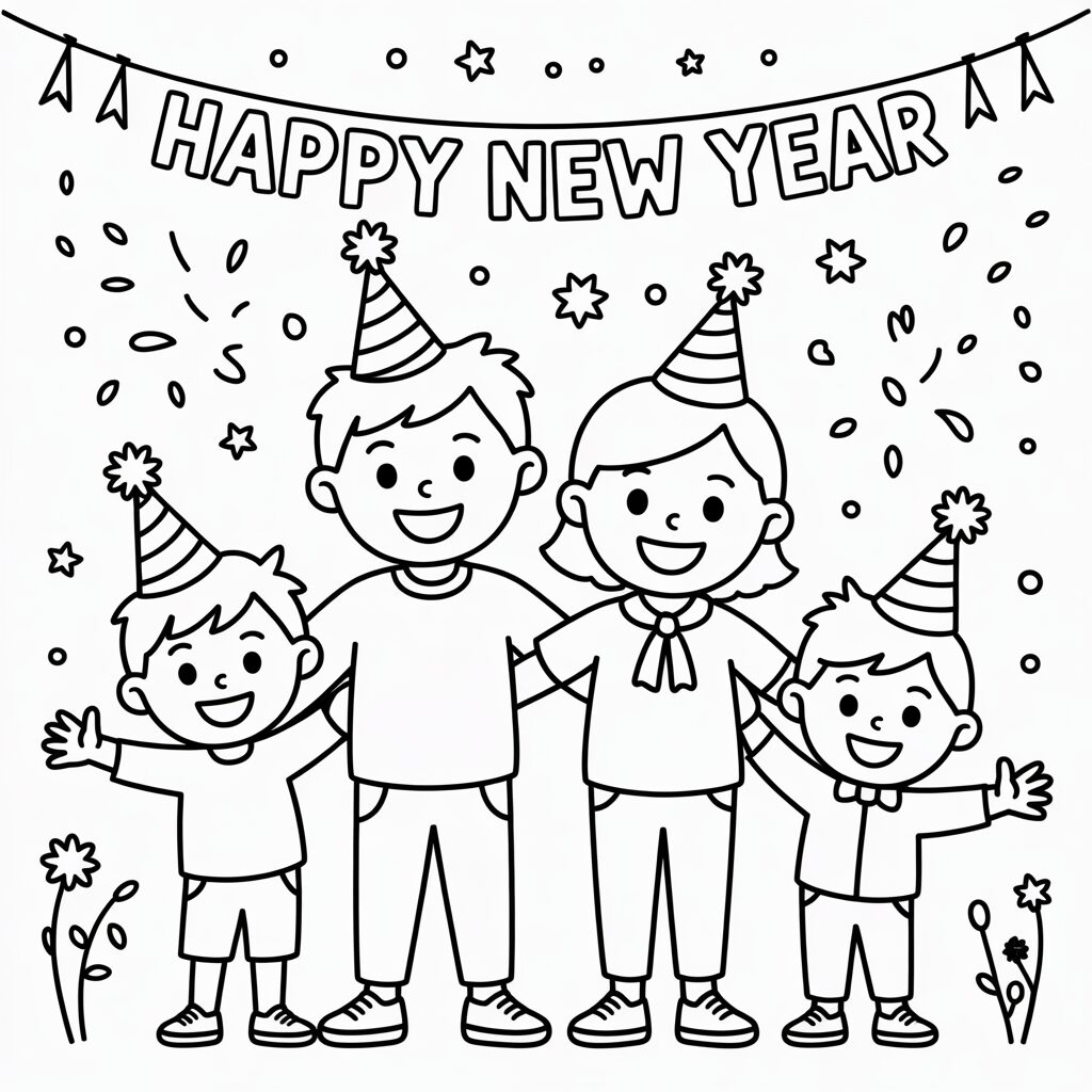 Neujahrsfest mit Familie Ausmalbild zum Ausdrucken