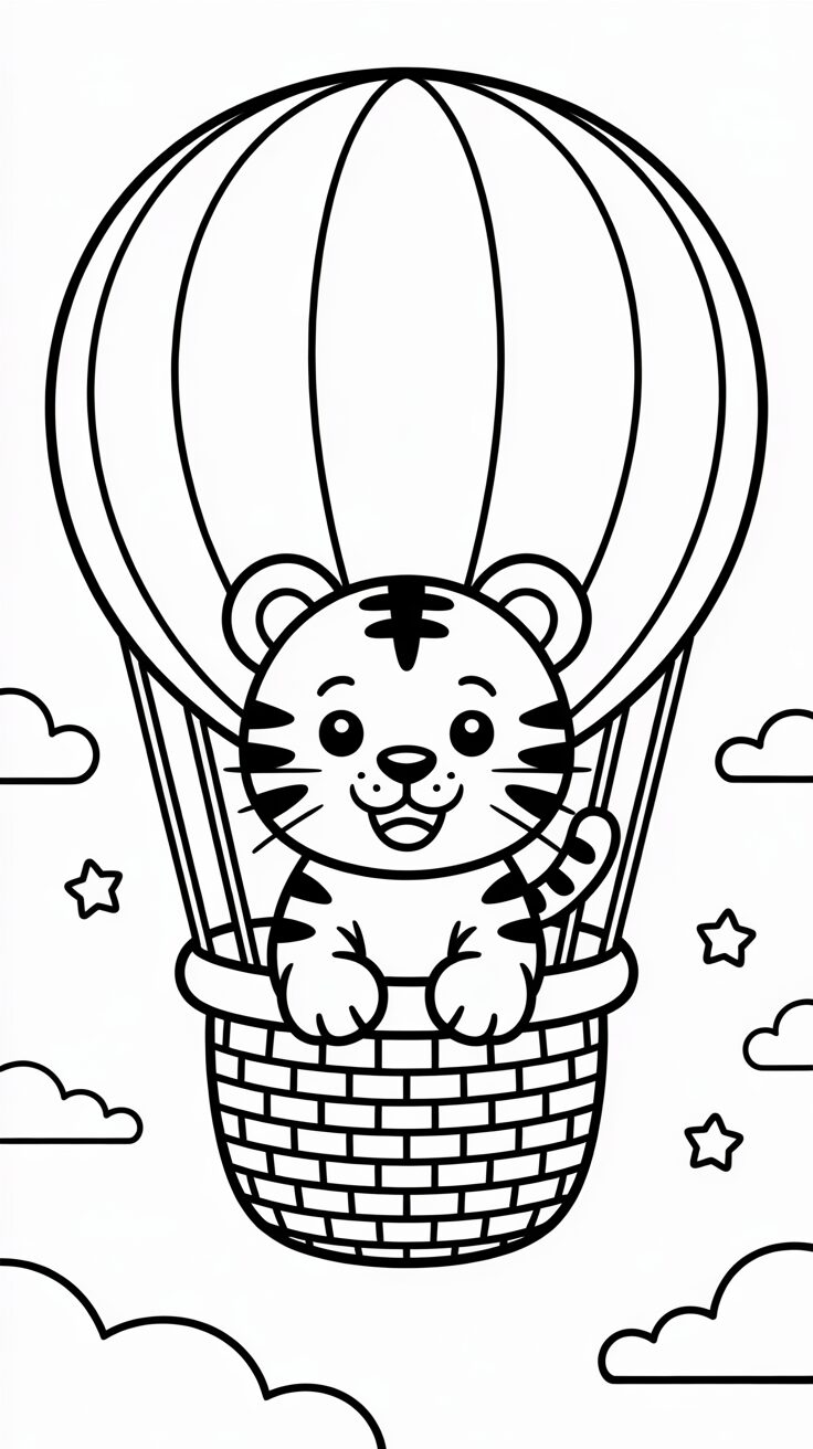 Tierfreunde im Heißluftballon – Malvorlage kostenlos