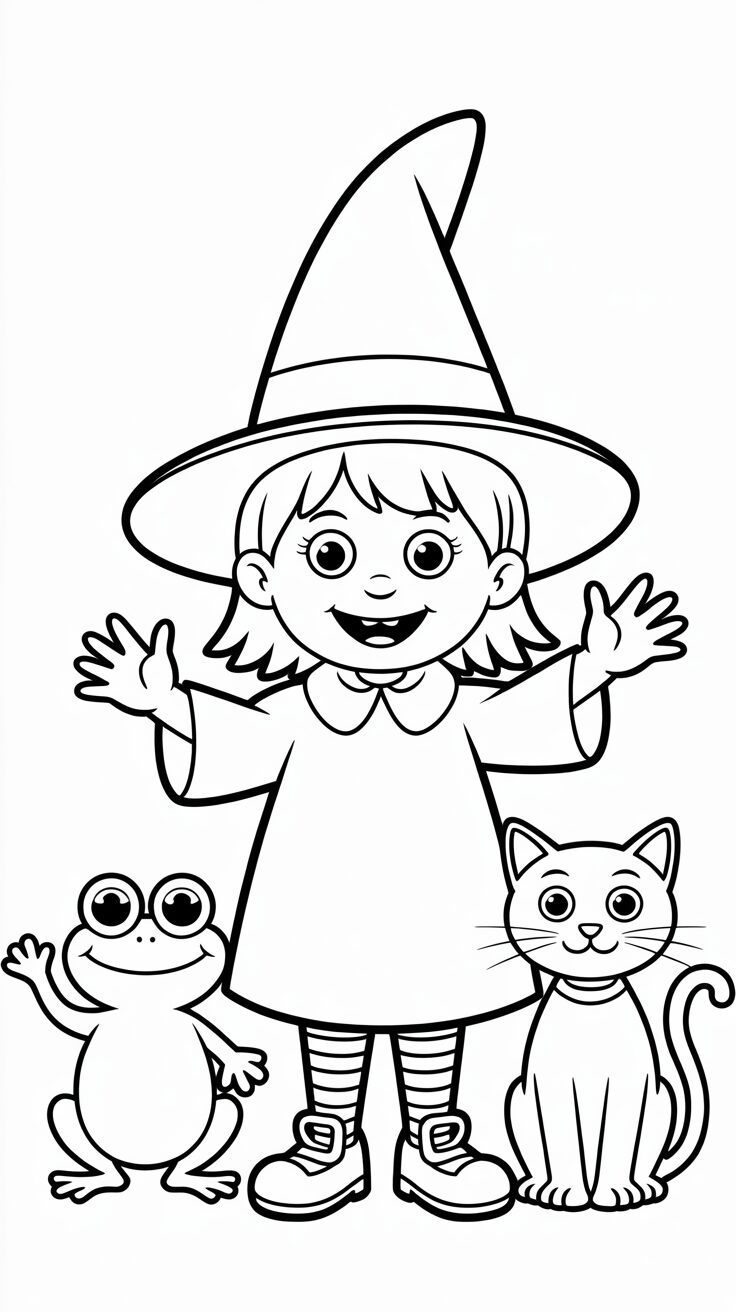 Fröhliche Hexe mit Frosch und Katze Ausmalbilder