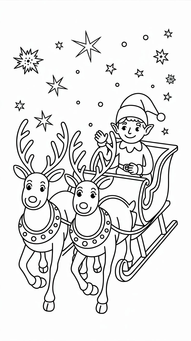 Weihnachtself mit Rentieren Ausmalbild herunterladen