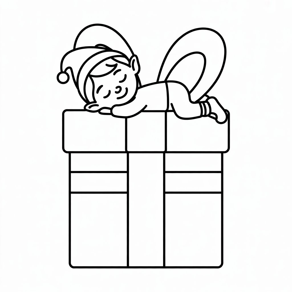 Schlafendes Elfchen auf einem Geschenk zum Ausmalen herunterladen