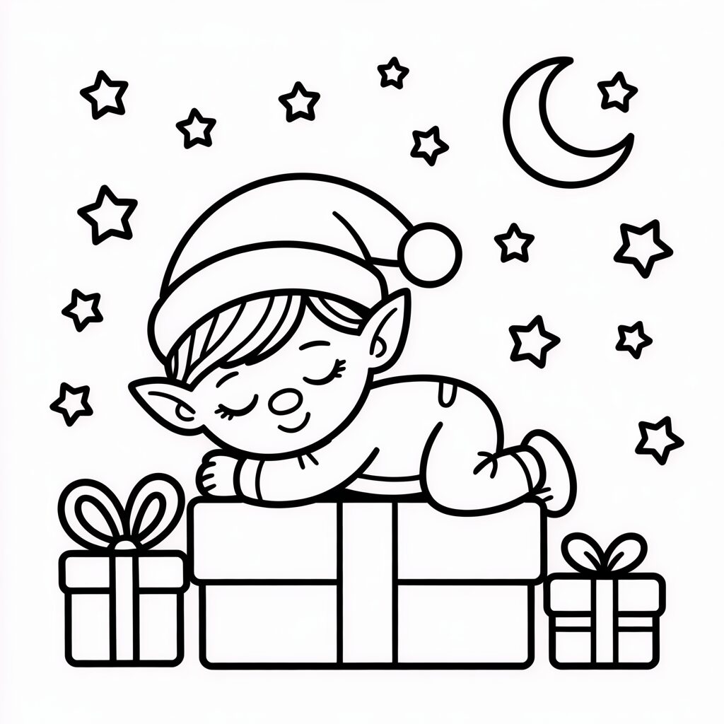 Elf schläft auf einem Geschenk Ausmalbild PDF
