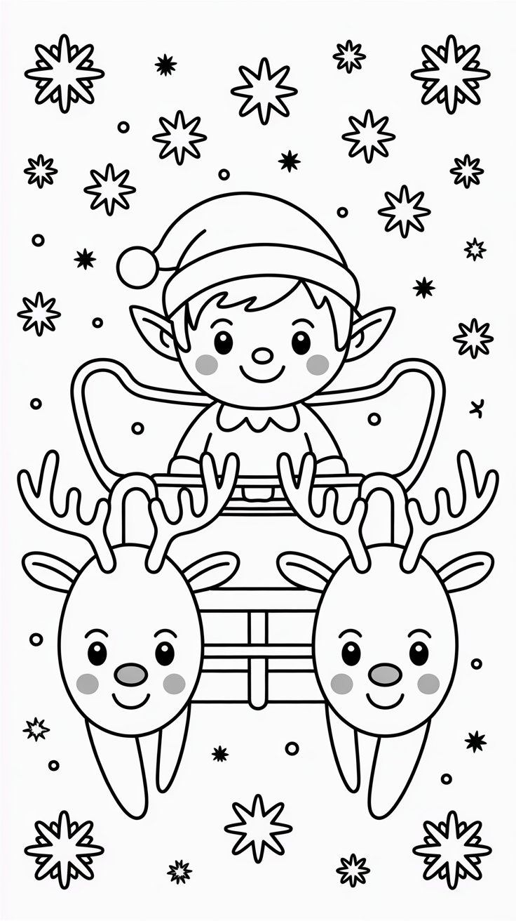 Kostenloses Ausmalbild: Elf in einem Schlitten mit Rentieren