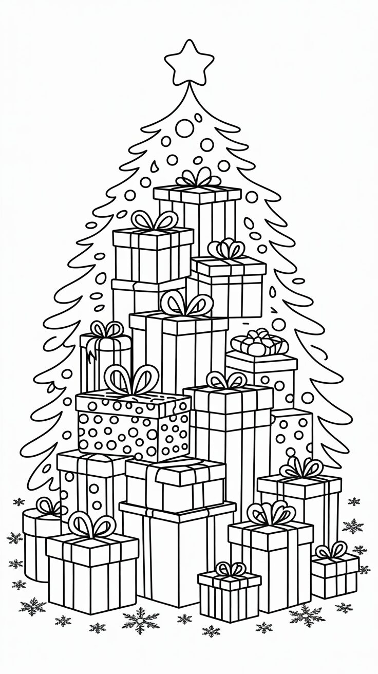 Berg Weihnachtsgeschenke unter dem Baum – Ausmalbild