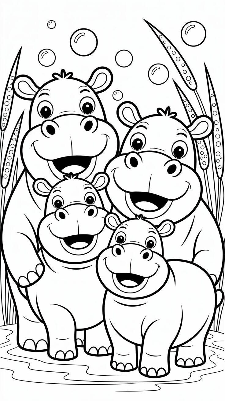 Fröhliche Nilpferdfamilie Ausmalbild