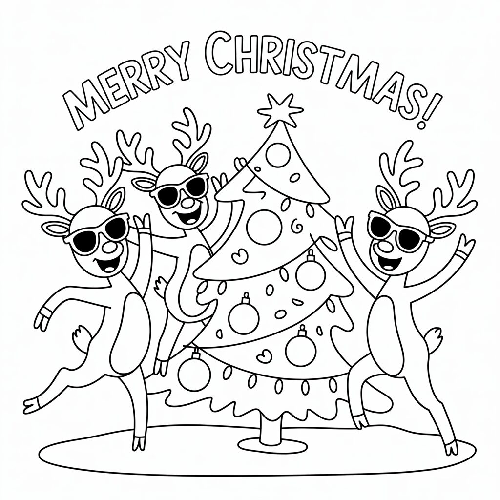 tanzende Rentiere mit Weihnachtsbaum – Ausmalbild