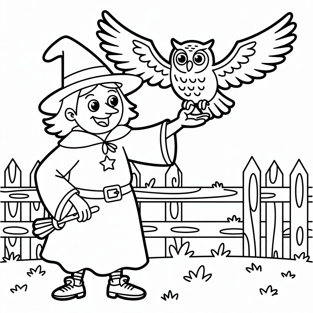 Downloadbare Halloween-Hexen-Malvorlage für Kinder.