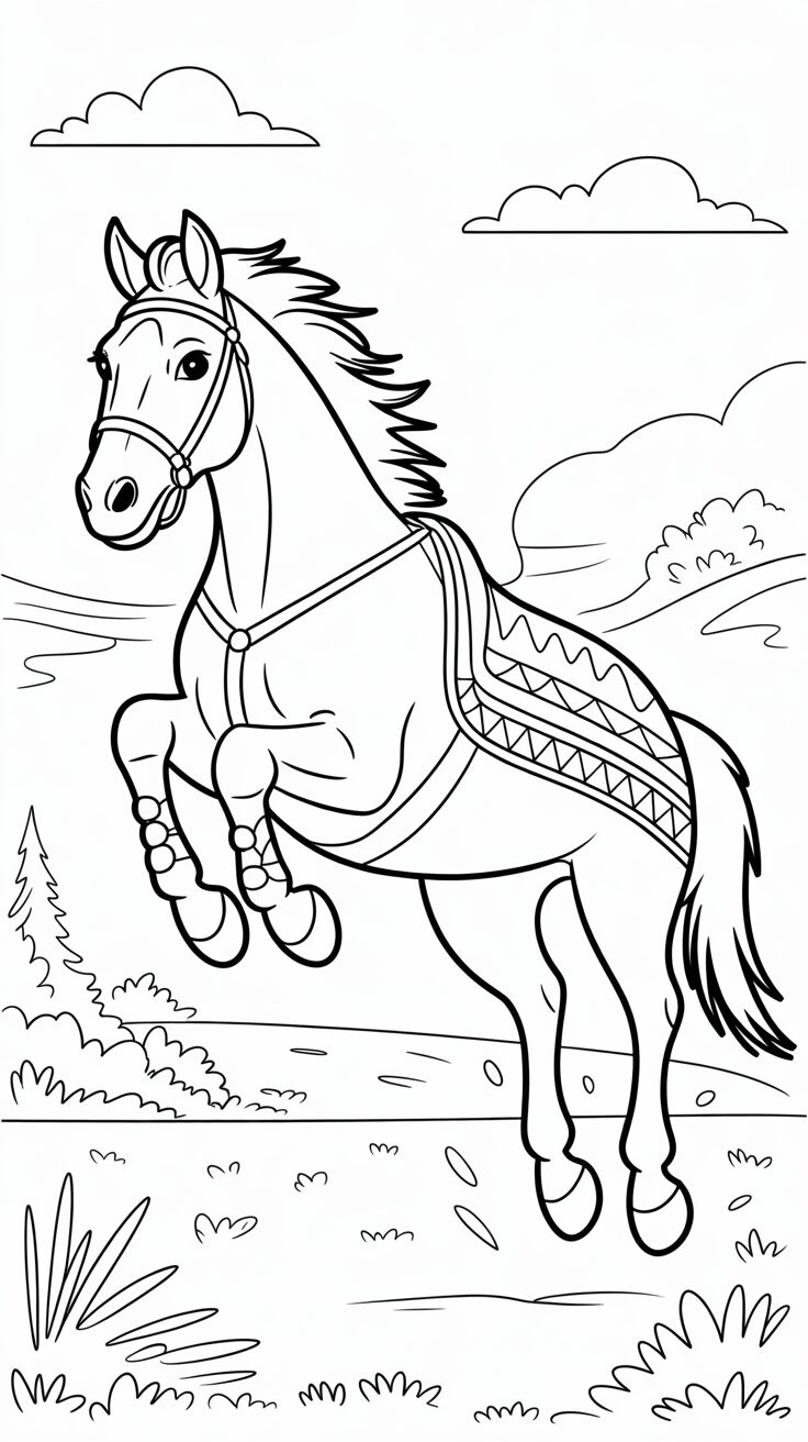 Druckbare Malvorlage von einem springenden Pferd