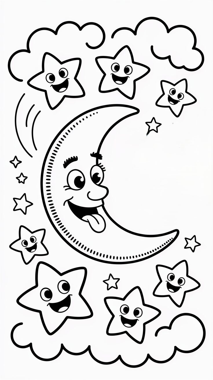 Lustiger Mond mit Zunge und Sternen Ausmalbild