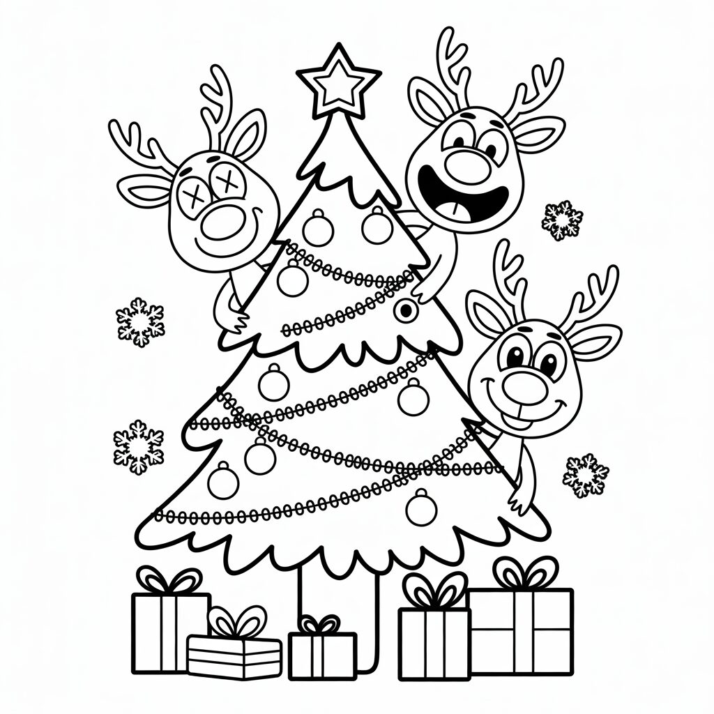 Lustige Rentiere im Weihnachtsbaum – Ausmalbild