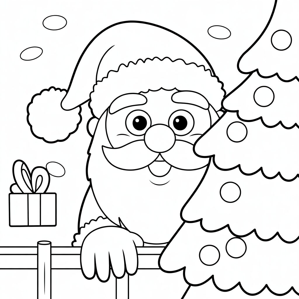 Weihnachtsmann späht hinter Tannenbaum – Ausmalbild