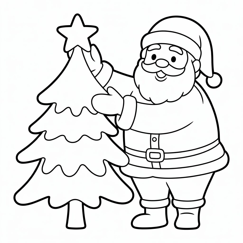 Weihnachtsmann setzt Stern auf Tannenbaum – Ausmalbild