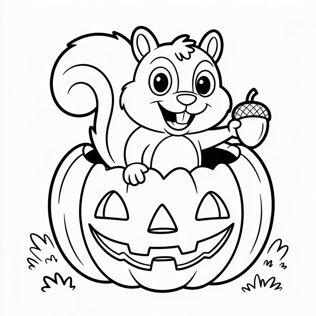 Ausmalbild Eichhörnchen in Halloween-Kürbis