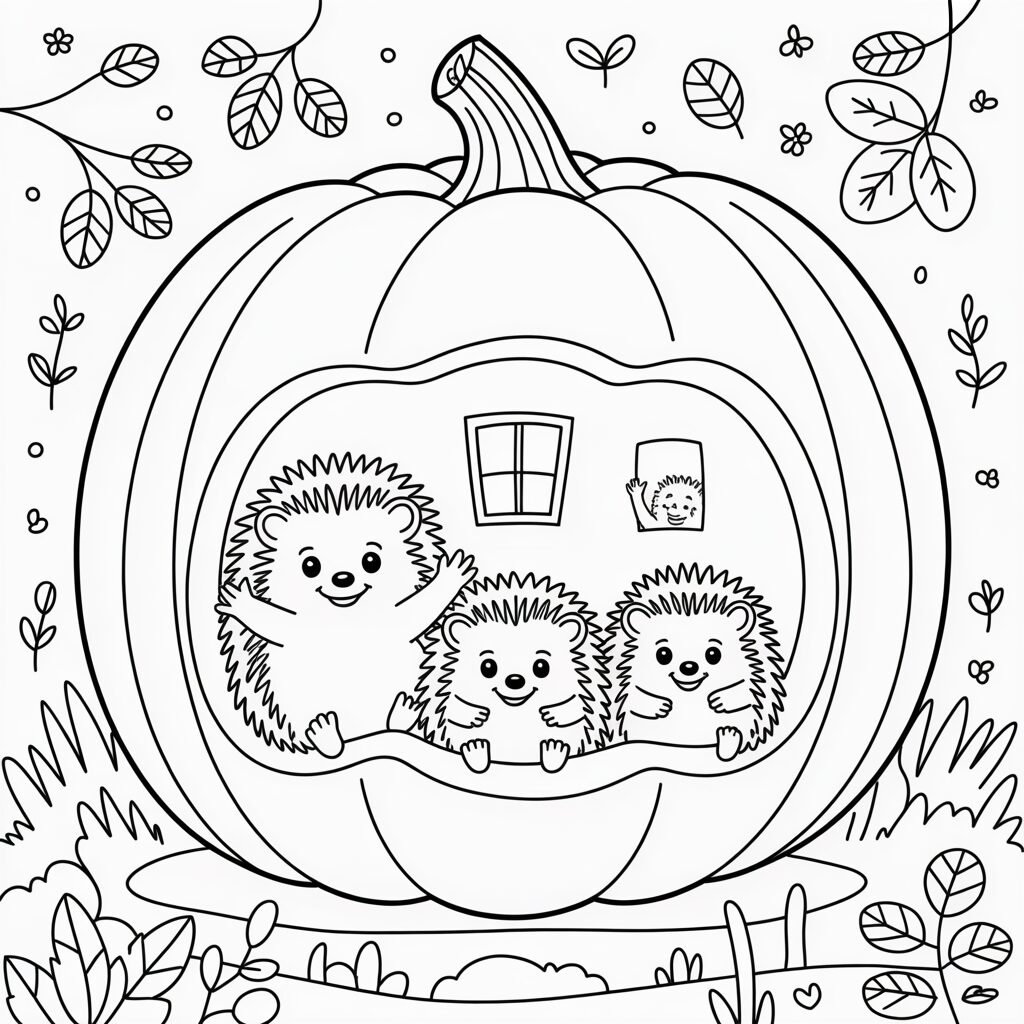 Ausmalbild Igelhaus im Kürbis