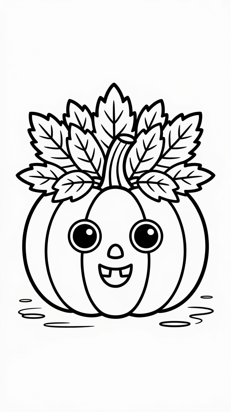 Ausmalbild lustiger Kürbis mit Blättern auf dem Kopf