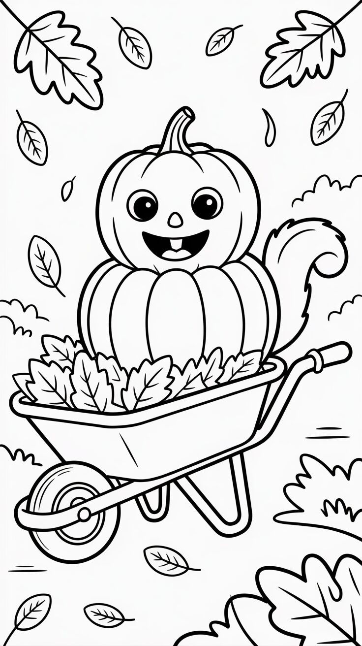 Ausmalbild Kürbis in Schubkarre voller Herbstblätter