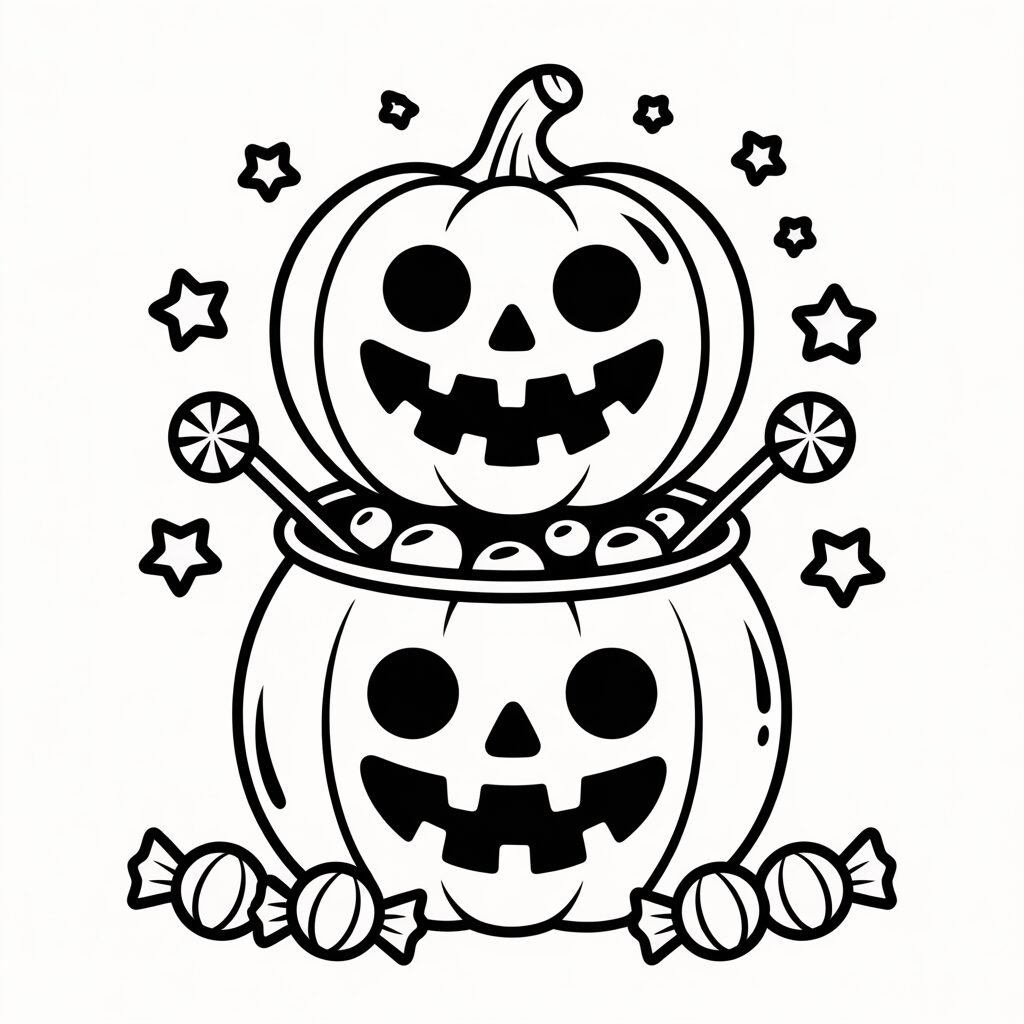 Ausmalbild Kürbisse mit Süßigkeiten